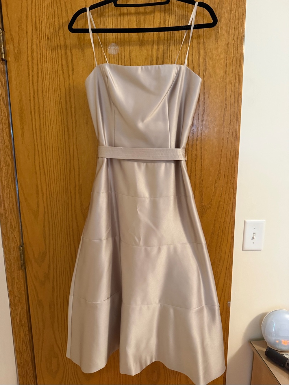 BCBGMaxAzria Satin Champagne Midi Dress with Waist Belt